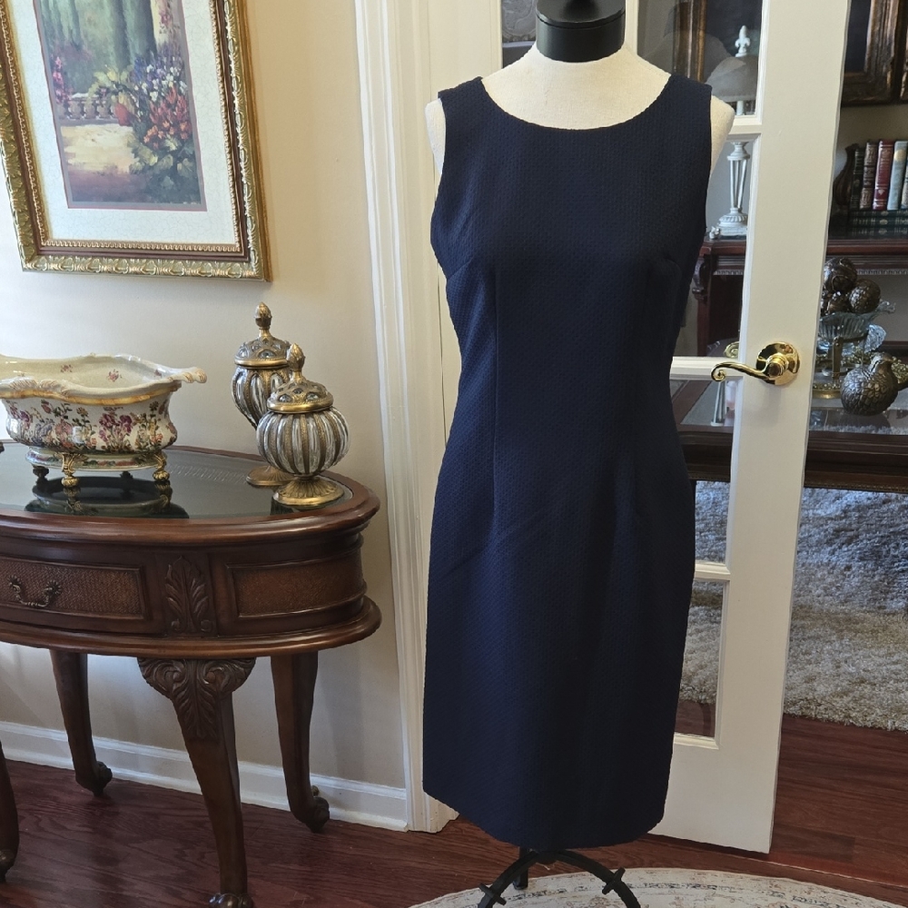 Emily Navy Blue Sleeveless Sheath Dress Textured Fully Lined Side Zip Sz 8 EUC